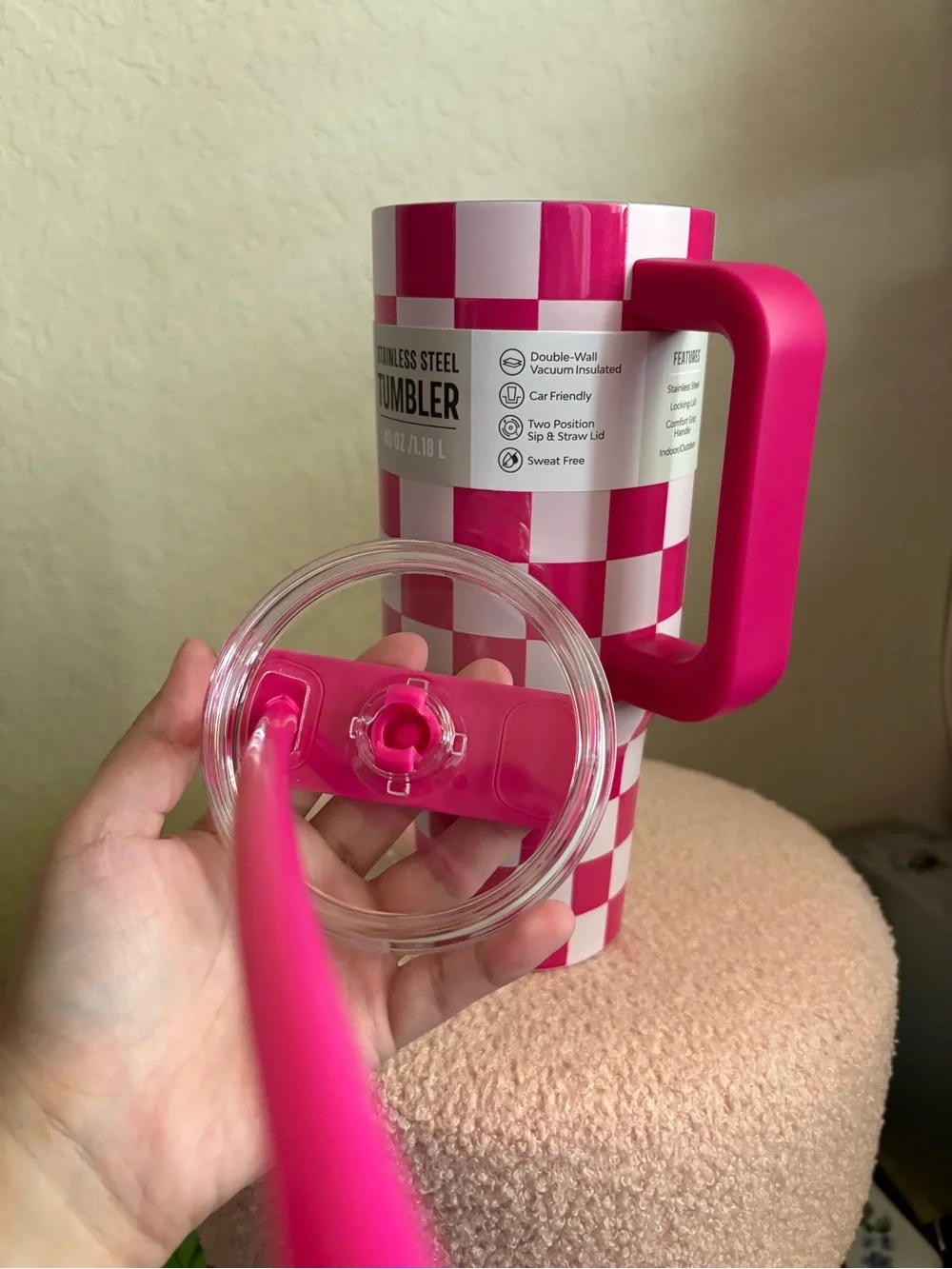 Stainless Steel 40oz Checkered Pink Tumbler with Handle and Straw